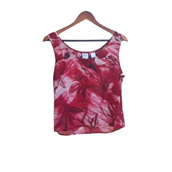 Vtg Emma James Top Sleeveless Sheer Scoop Neck Abstract Floral Pink Red Sz 10 - Picture 1 of 8